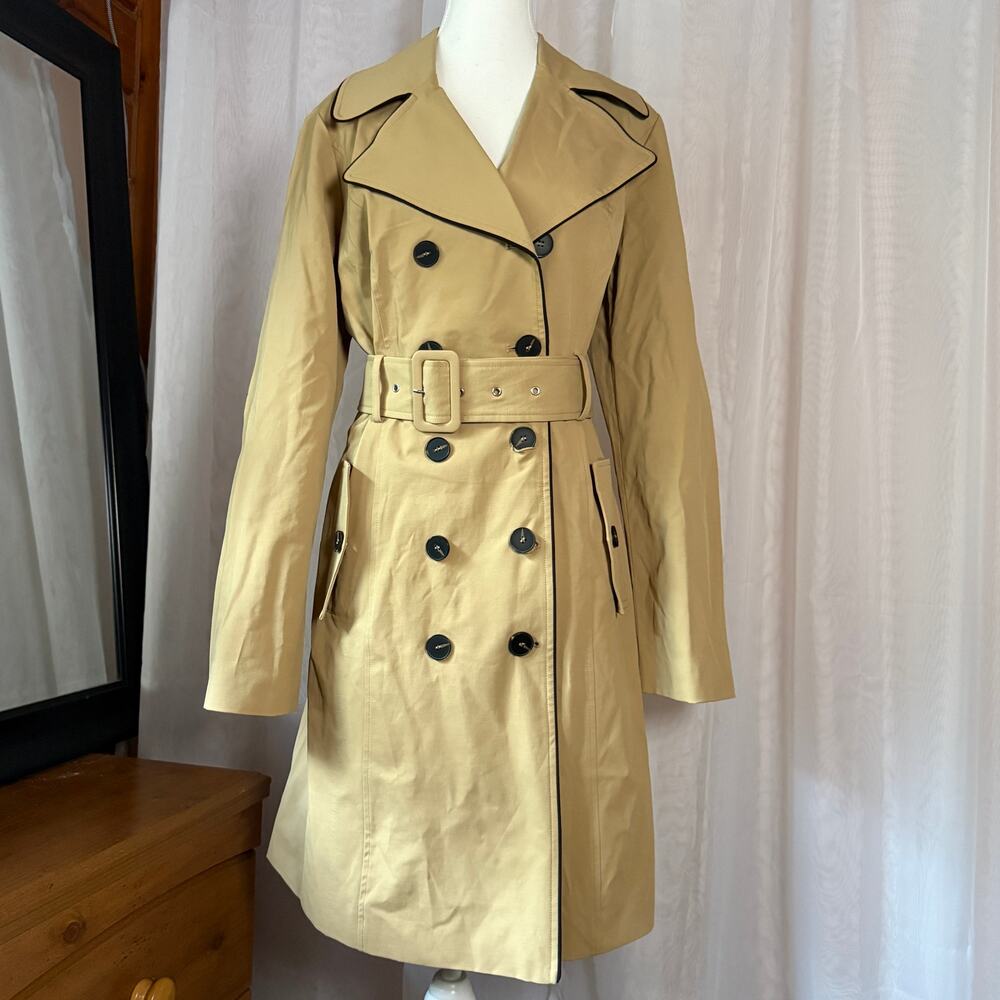 Express Tan Double Breasted Belted Trench Coat Black Piping Small Office Preppy